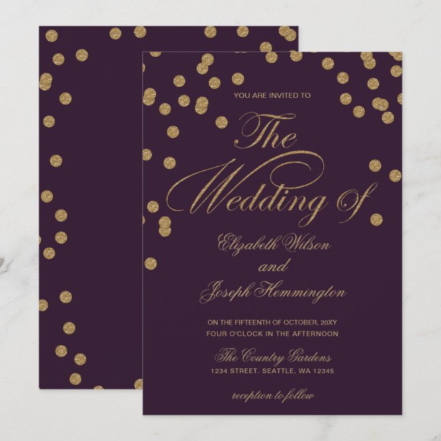 Invitation Parties scintillant d'or violet Confetti Mariage é (Devant / Derrière)