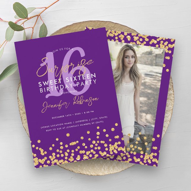 Invitation Parties scintillant d'or violet photo Surprise Swe (Purple Gold Glitter Photo Surprise Sweet 16 Invitation)