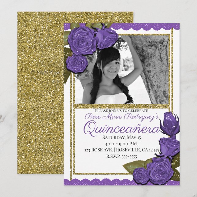 Invitation Parties scintillant d'or violet Rose Quinceañera A (Devant / Derrière)