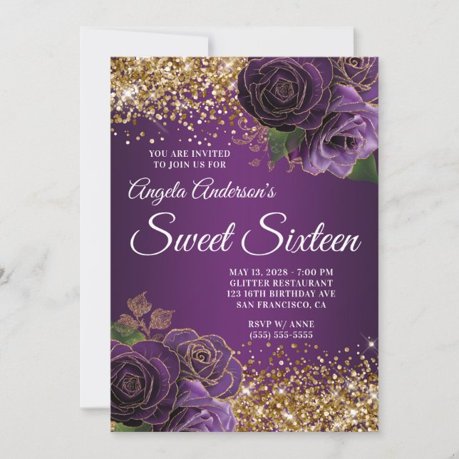 Invitation Parties scintillant d'or violet verre floral Sweet (Devant)