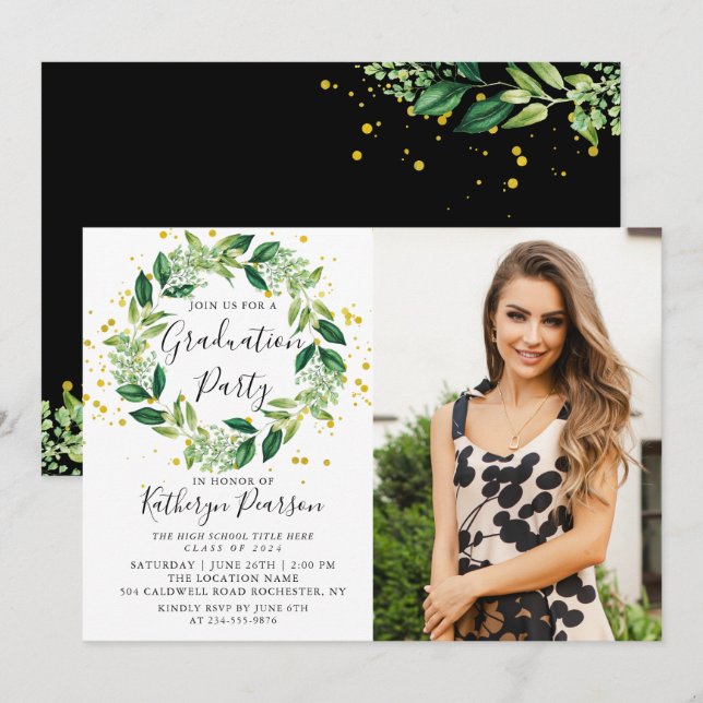 Invitation Parties scintillant d'or Wreath Green Chic - Photo (Devant / Derrière)