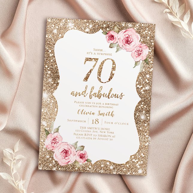 Invitation Parties scintillant dorée étincelante et rose flor (Sparkle gold glitter and pink floral 70th birthday invitation)