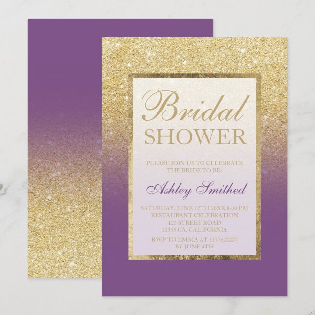Invitation parties scintillant dorée Faux ombre violet chic d (Devant / Derrière)