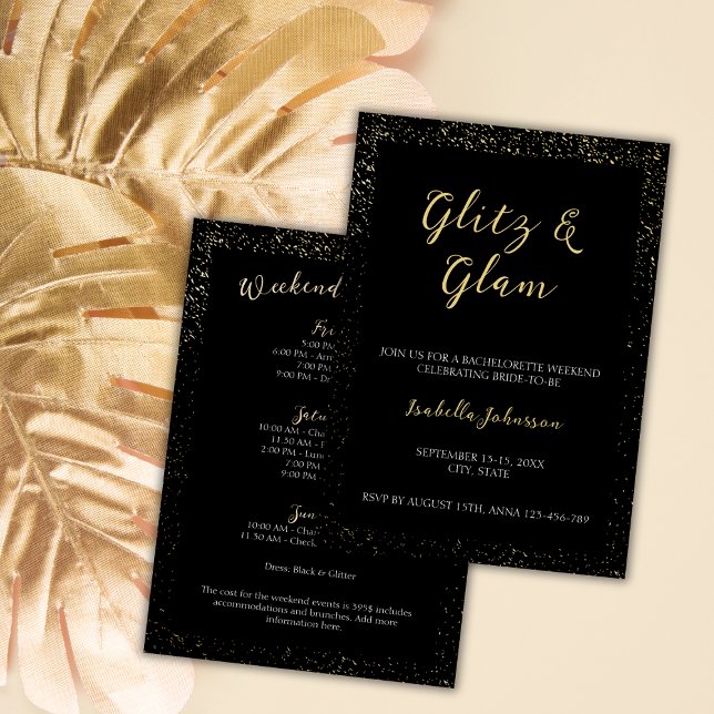 Invitation Parties scintillant dorée Glitz & Glam Fin de sema (Glitz & Glam Black Glitter Bachelorette Weekend Invitation)