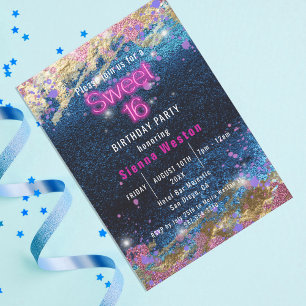 Invitation Parties scintillant dorée moderne Hot Neon Rose Sw