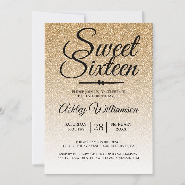 Invitation Parties scintillant dorée Ombre Sweet 16 Anniversa (Devant)