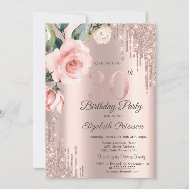 Invitation Parties scintillant Drips Aquarelle Roses 30e anni (Devant)