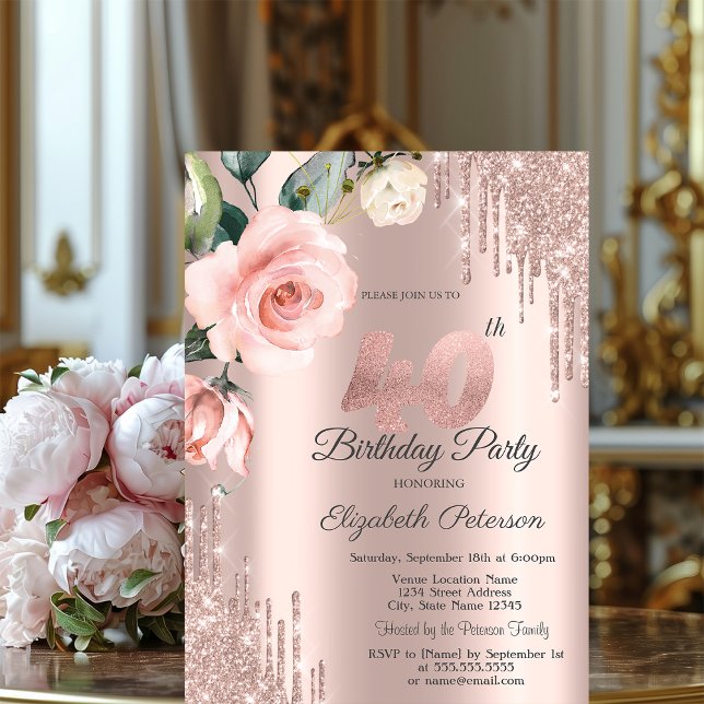 Invitation Parties scintillant Drips Aquarelle Roses 40e anni (Créateur téléchargé)