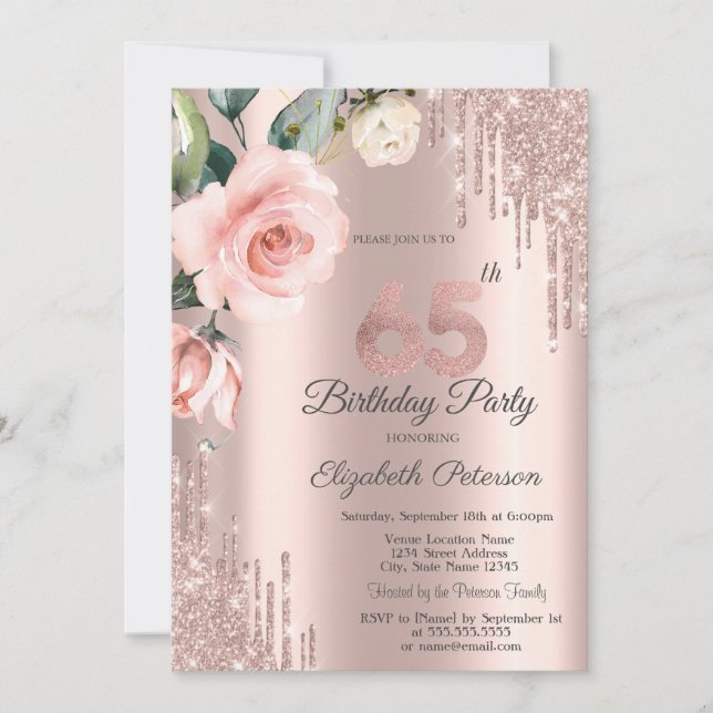 Invitation Parties scintillant Drips Aquarelle Roses 65e anni (Devant)