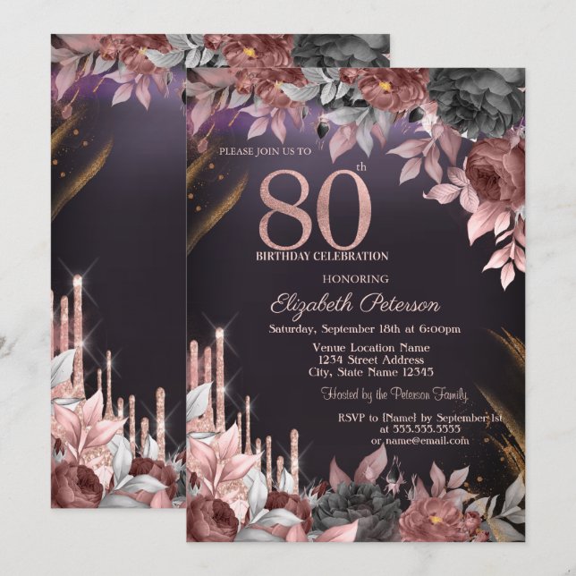 Invitation Parties scintillant Drips Floral Dark Purple 80e a (Devant / Derrière)