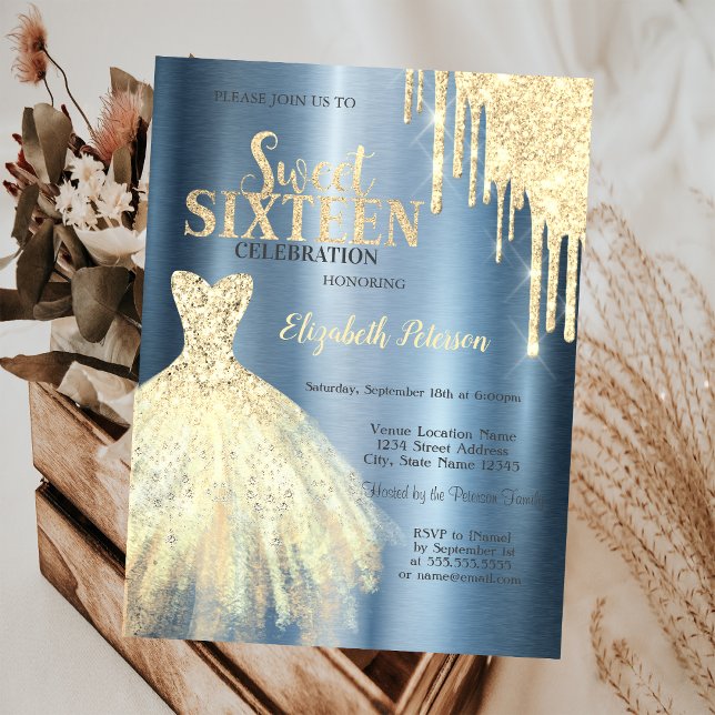 Invitation Parties scintillant Drips Gold Robe Metallic Blue  (Créateur téléchargé)