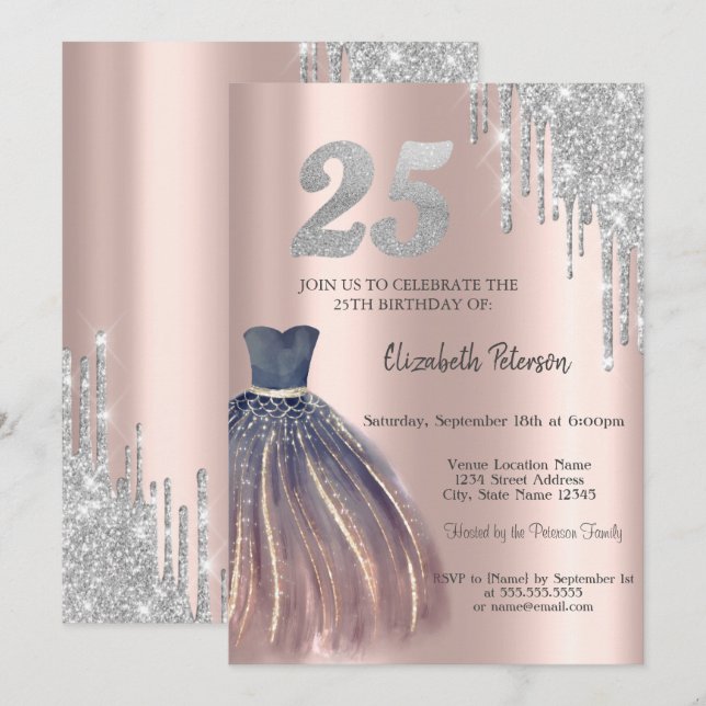 Invitation Parties scintillant Drips, Robe Chic 25e Anniversa (Devant / Derrière)