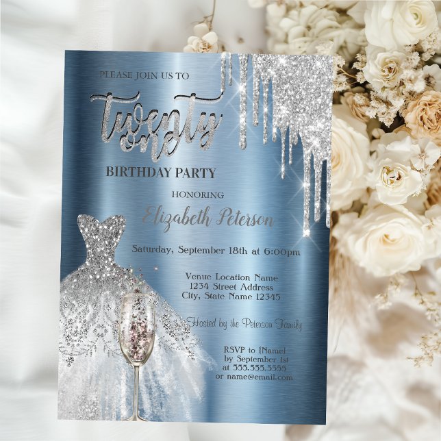 Invitation Parties scintillant Drips, Robe Vin Verre Bleu Mét (Créateur téléchargé)