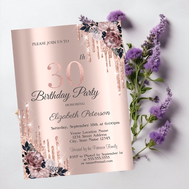 Invitation Parties scintillant Drips Rose Gold Flowers 30e an (Créateur téléchargé)