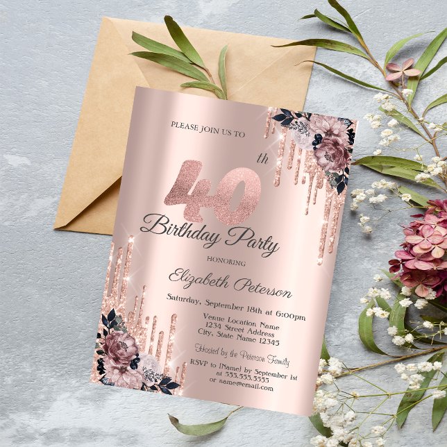 Invitation Parties scintillant Drips Rose Gold Flowers 40e an (Créateur téléchargé)