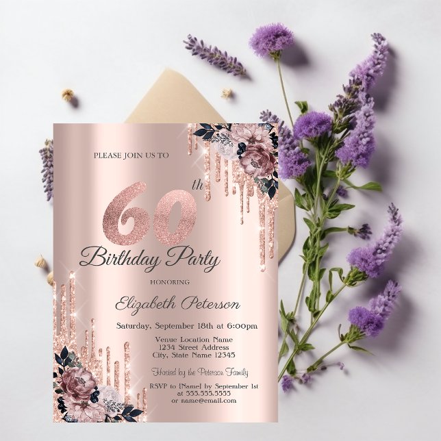 Invitation Parties scintillant Drips Rose Gold Flowers 60e an (Créateur téléchargé)