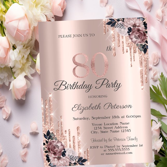 Invitation Parties scintillant Drips Rose Gold Flowers 80e an (Créateur téléchargé)