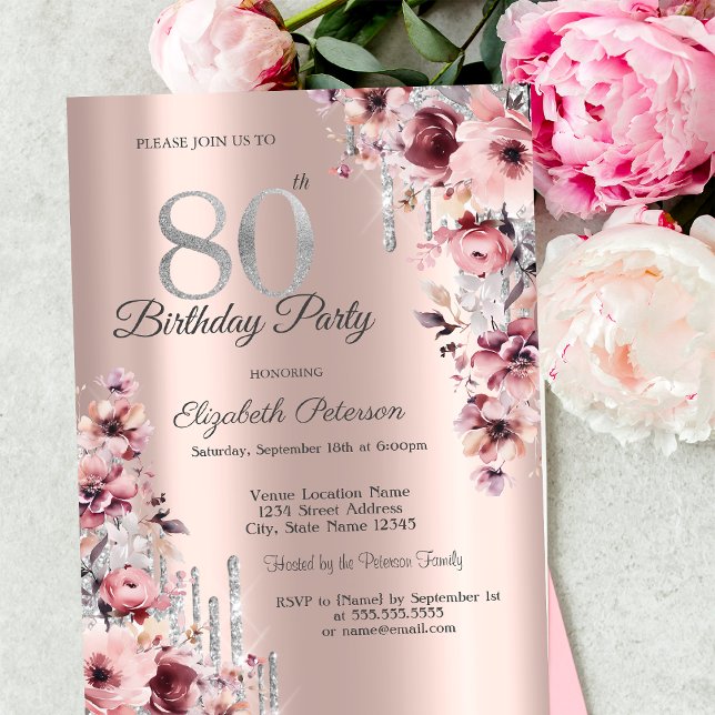Invitation Parties scintillant Drips Rose or rose floral 80e  (Créateur téléchargé)