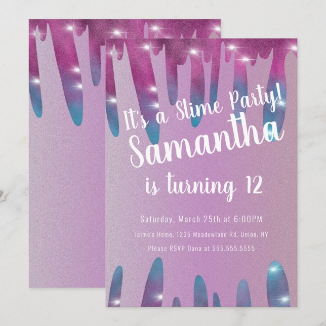 Invitation Parties scintillant Drives Slime Party Birthday Sp (Devant / Derrière)