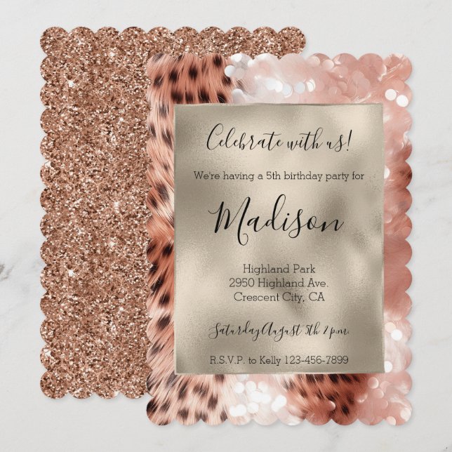 Invitation Parties scintillant élégante rose Gold Leopard Gli (Devant / Derrière)