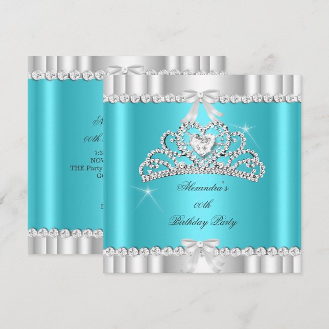 Invitation Parties scintillant élégante Turquoise Bleu Argent (Devant / Derrière)