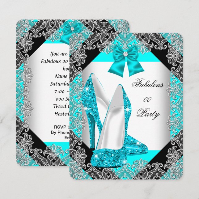 Invitation Parties scintillant élégante Turquoise Blue Stilet (Devant / Derrière)