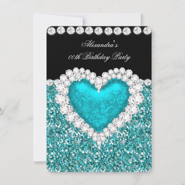 Invitation Parties scintillant élégante Turquoise Coeur Bleu  (Devant)