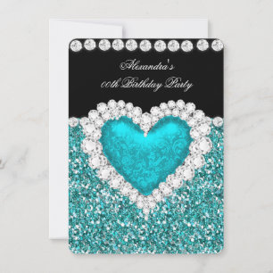 Invitation Parties scintillant élégante Turquoise Coeur Bleu