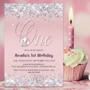 Invitation Parties scintillant Eléphant rose 1er fête d'anniv