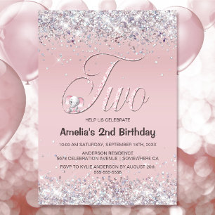 Invitation Parties scintillant Eléphant rose 2e fête d'annive