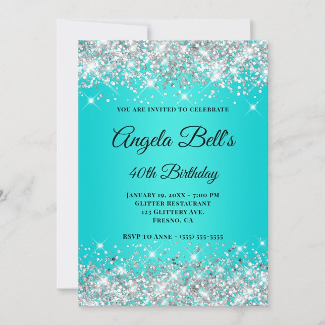 Invitation Parties scintillant en argent Aqua Turquoise Ombre (Devant)