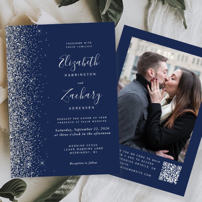 Invitation Parties scintillant en argent bleu marine Photo Co (Créateur téléchargé)