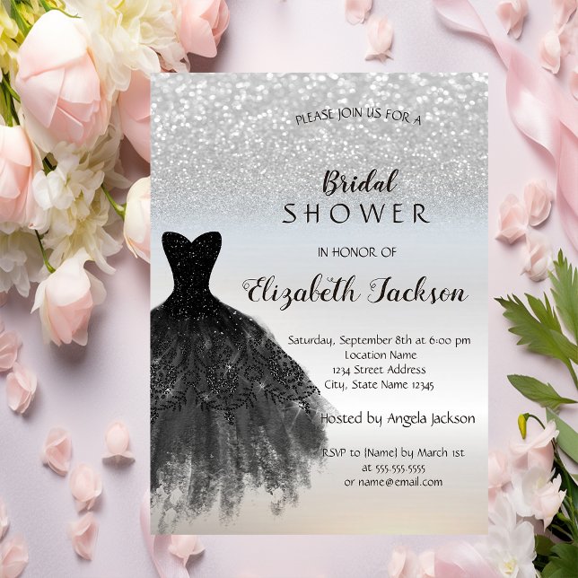 Invitation Parties scintillant en argent Bokeh, Robe noire Fê (Créateur téléchargé)