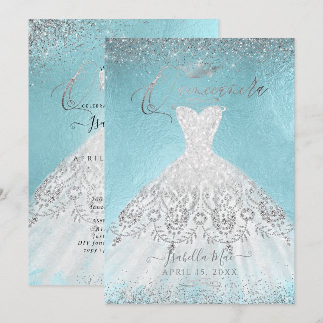 Invitation Parties scintillant en argent de Quinceanera, do-i (Devant / Derrière)