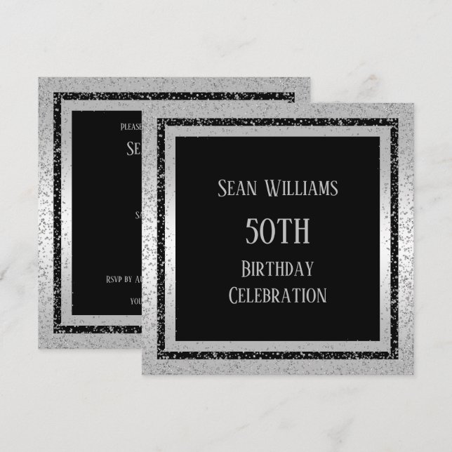 Invitation Parties scintillant en argent et noir encadrée 50e (Devant / Derrière)