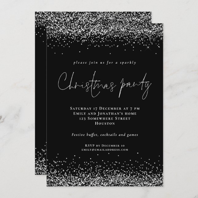 Invitation Parties scintillant en argent glam Script Noël fêt (Devant / Derrière)