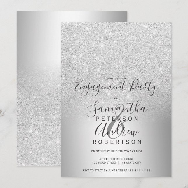 Invitation Parties scintillant en argent ombre fiançailles en (Devant / Derrière)