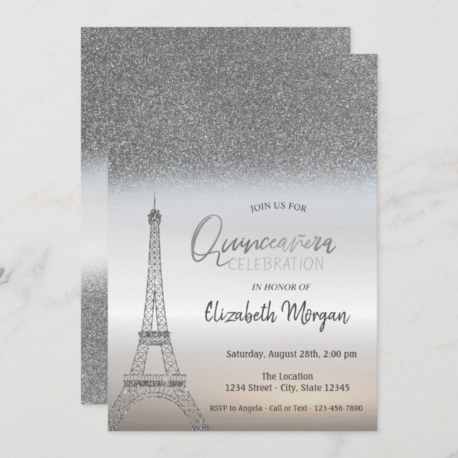 Invitation Parties scintillant en argent Ombre, Tour Eiffel Q (Devant / Derrière)