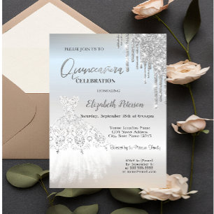 Invitation Parties scintillant en argent, Robe blanche Quince