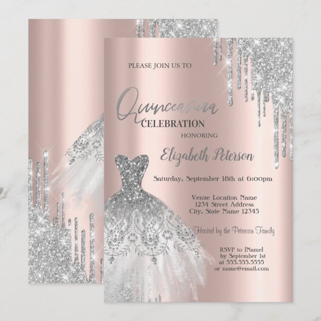 Invitation Parties scintillant en argent, Rose  robe or Quinc (Devant / Derrière)