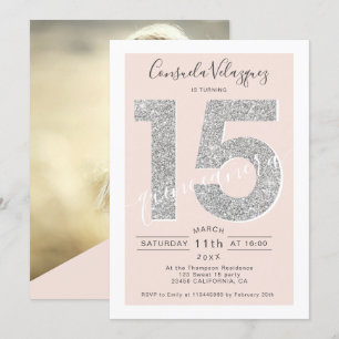 Invitation Parties scintillant en argent, script blush quince