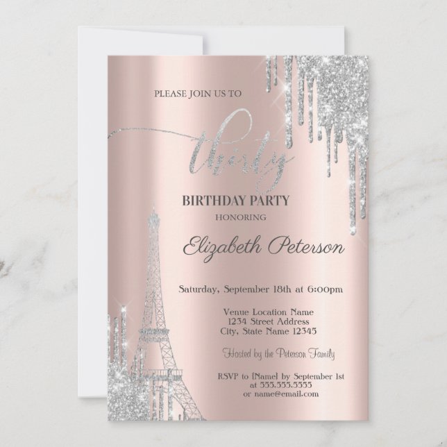 Invitation Parties scintillant en argent, Tour Eiffel 30e ann (Devant)