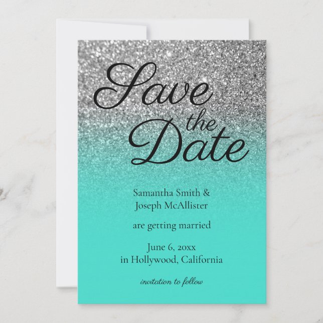 Invitation Parties scintillant en argent Turquoise Ombre Enre (Devant)