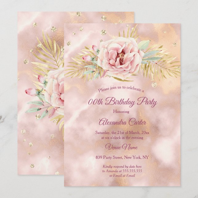 Invitation Parties scintillant en marbre beige rose Fleur Fêt (Devant / Derrière)