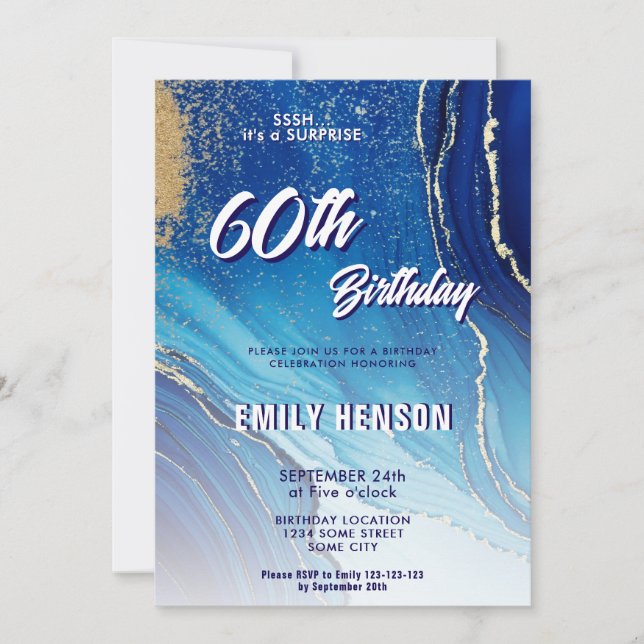 Invitation Parties scintillant en marbre bleu or 60e annivers (Devant)