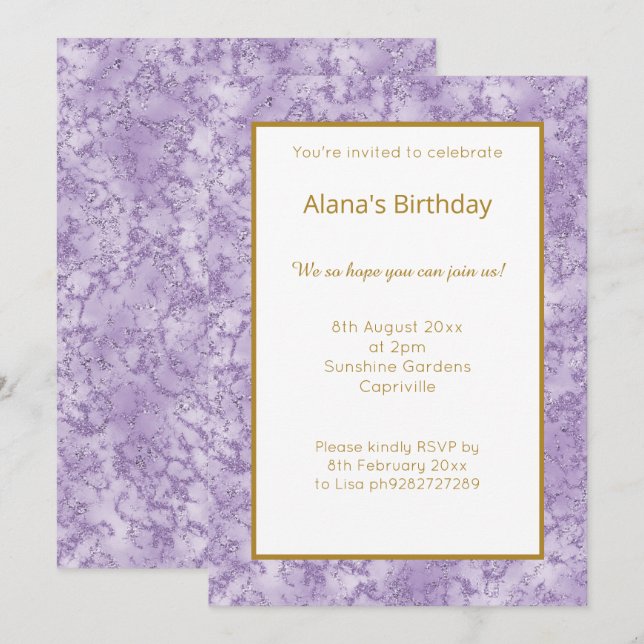 Invitation Parties scintillant EN MARBRE PURPLE MODERNE ÉLÉGA (Devant / Derrière)