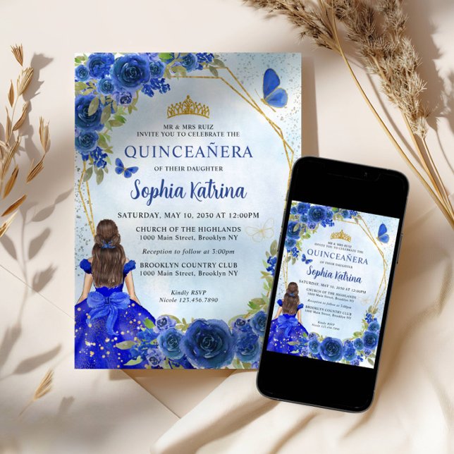Invitation Parties scintillant en or bleu marine Floral Princ (Créateur téléchargé)