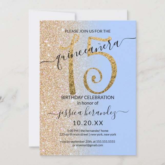 Invitation Parties scintillant en or bleu moderne Ombre Quinc (Devant)