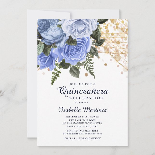 Invitation Parties scintillant en or bleu Rose Lumières Quinc (Devant)