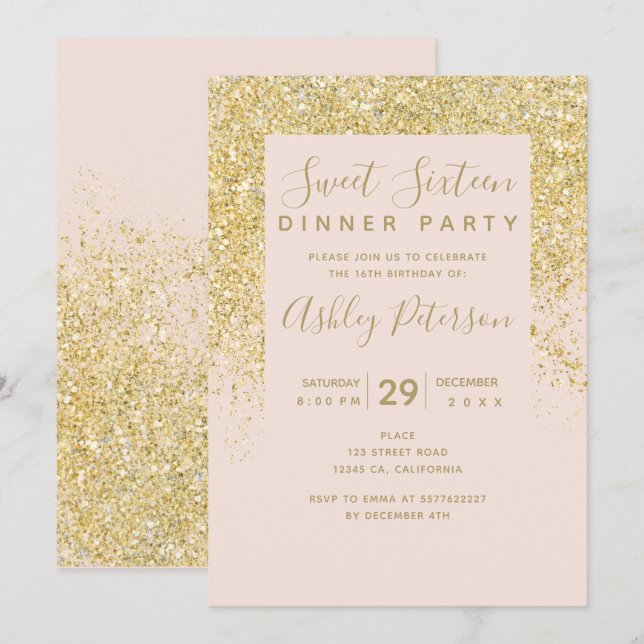 Invitation Parties scintillant en or chic typographie rose pâ (Devant / Derrière)